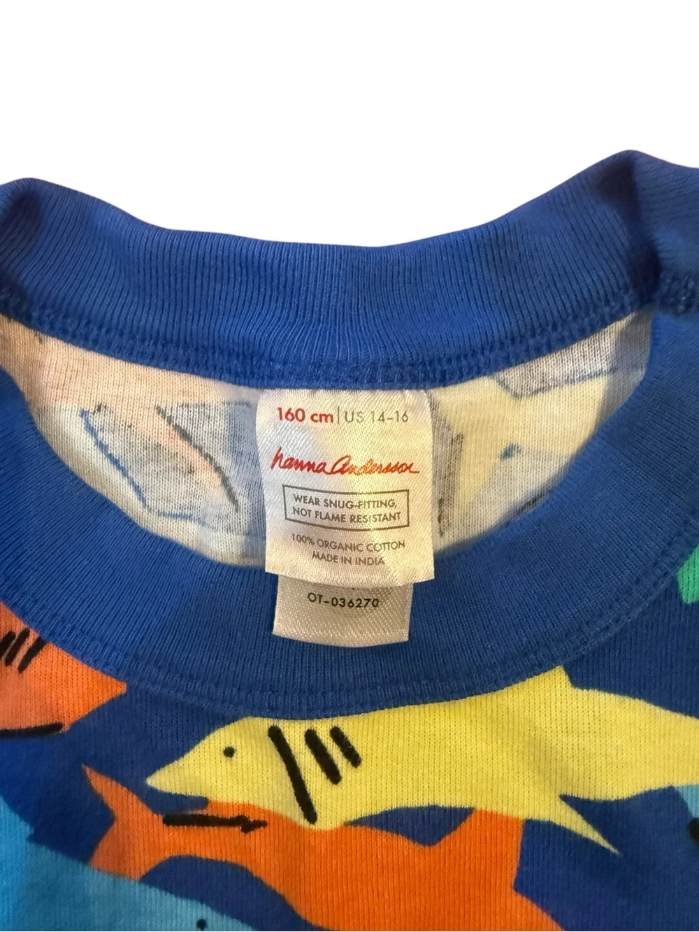 Hanna Andersson Blue night shirt with Orange, Yellow and Green Sharks